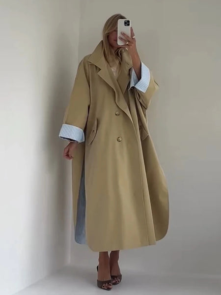 Oversize Women's Stand Collar Trench Coat Full Sleeved Single Breasted Pocket Side Split Long Windbreaker Autumn Lady Outwear
