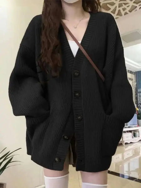 Loose Cardigan Women Long Sleeve V-neck Knitted Black Slouchy All-match Female Autumn Winter Coats Korean Chic Baggy Tops MLQ9