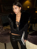 Black Fur Collar Leather Jacket Women Chic Solid Full Sleeves Waist Cinching V-neck Short Coat Lady High Street Outerwear