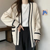 Autumn Vintage Mid Long Sweater Cardigan Woman Preppy Style Contrast Color Knitted Coat No Button Casual Street Open Outerwear