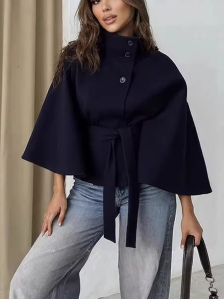 Women Solid Batwing Sleeve Outerwear Casual Stand-up Collar Waist Loose Long Sleeves Lady Jacket Lady Autumn Coats