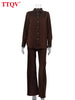 Loose Brown Satin Women's Two Pieces Set Elegant Long Sleeve Shirt With High Waist Wide Pants Set FemalaCla