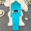 Elegant Turtleneck Long Sleeve Knit Soft Tight Pencil Dress with Belt Slim Warm Sweater Vestido Sexy Women Winter Robe