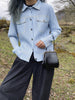 Pleated Denim Printed Shirt Long Sleeve Women Cardigan Single Breasted Casual Jacket Pocket Coat Top