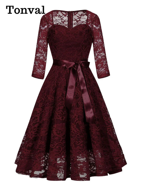Sweetheart Neck Elegant Lace Long Swing Dress Women 3/4 Length Sleeve Belted Spring Autumn Vintage Ladies Midi Dresses