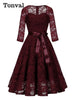 Sweetheart Neck Elegant Lace Long Swing Dress Women 3/4 Length Sleeve Belted Spring Autumn Vintage Ladies Midi Dresses