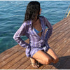Women Chic Vacation Outfits Striped Print Sheer Chiffon Shirt Casual Turn-down Collar Mini Dress & Detachable Scarf