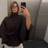 Women's Poncho Coats Vintage Stand Collar Belt Button Lace Up Full Sleeve Overcoat Female Autumn Lady Streetwears