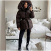 Women Hooded Puffer Coat Faux Fur Trim Self Tie Belt Waist Long Sleeve Warm Padded Jacket Winter All-match Commute Coats