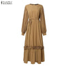 Modest Hijabs Abaya Long Dresses Women Muslim Ramadan O-Neck Pleated Lantern Sleeve Solid Color Ruffles A-Line Robes 3XL