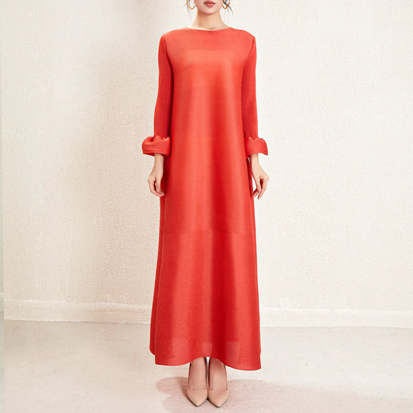 Pleated Dress Women's Round Neck Long Sleeve Casual Loose Lady Elegant Women's Dress