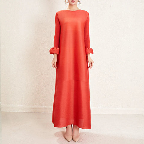 Pleated Dress Women's Round Neck Long Sleeve Casual Loose Lady Elegant Women's Dress