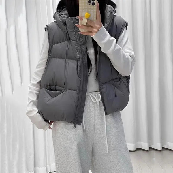 Autumn Winter Soft Puffs Cotton Vest Jacket Women Loose Thicken Warm Hooded Waistcoat Coat Female Casual Ladies Tops