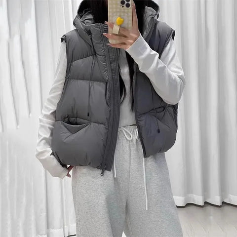 Autumn Winter Soft Puffs Cotton Vest Jacket Women Loose Thicken Warm Hooded Waistcoat Coat Female Casual Ladies Tops