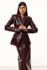 Women Burgundy Croc Faux Leather Notched Lapel Slim Fit Blazer Jacket Single Breasted Long Sleeve Elegant Office