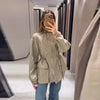 Casual Grid Drawstring Loose Coat Women Stand Collar Button Waist-Closed Female Jacket Spring Lady Street Outwears Chic