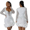 Women Dress Diamonds Splice Ruffles Mini Dresses Square Collar Full Sleeve Slim Fit Sold Evening Party Vestidos Elegant Ladies