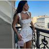 Women's White Floral Print Wide-strap Cami Dress With Waistband Satin Bodycon Mini Dresses Lady Elegant Party Robes