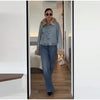 Furry Trim Cropped Denim Jacket Single Breasted Long‑Sleeve Winter Women Warm Outerwear Versatile Lady Casual Jean Coat