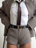 Vintage Plaid Lapel Jacket Shorts Set Women Full Sleeve Belted Buttons Pockets Blazer Suit Autumn Lady Commute Street Outfit