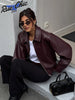 Retro Solid Lace Up Leather Short Jackets Women Chic Lapel V-neck Waist Cinching Cropped Jackets Lady Daily High Street Outwear