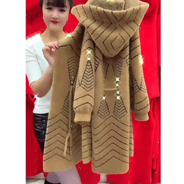 Mother's Winter Jacket Long Thicken Imitation Mink Cashmere Coat High End Middle Aged Elderly Women Knitted Cardigan Sweater 4XL