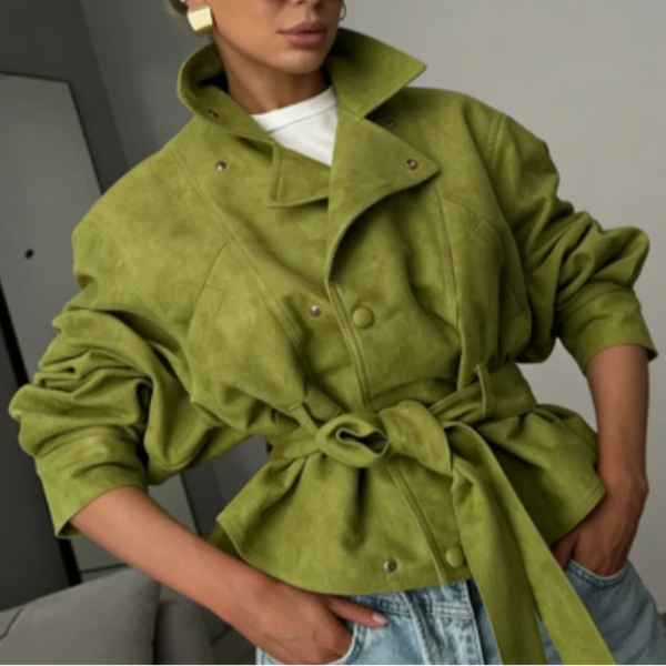 Avocado Green Lapel Jacket For Women Long Sleeve Single Breasted Solid Trench Coat Lady Spring Autumn Streetwears