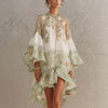 European and American Style Printed Lotus Leaf Hem Dress for Women, Vacation-Inspired, Loose Fit, Flowing, Stylish Shor