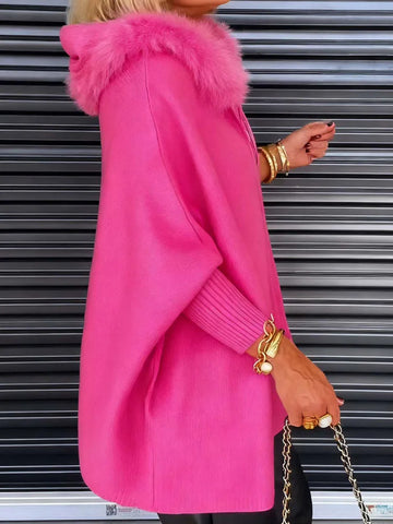 Elegant Fluffy Splicing Solid Loose Sweater Coat Autumn Winter Women Casual Knit Jacket Zip Long Sleeve Hooded Outercoat
