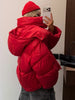 Bright Red Hooded Puffer Jacket Women Oversized Collar Horizontal Quilted Thick Padded Cropped Coats Warm Outwear Winter Wears