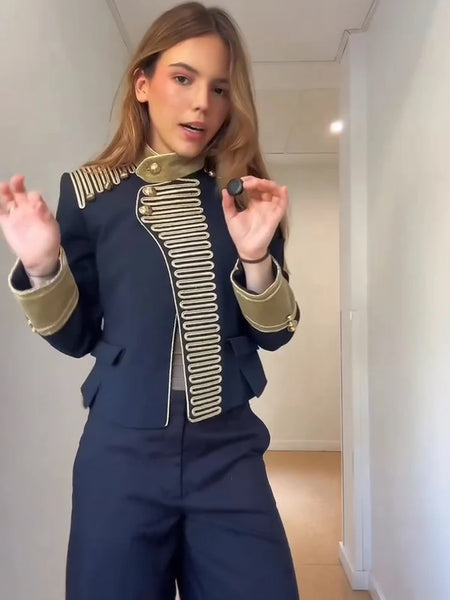 Retro Stand Collar Napoleon Slim Jacket Women Chic Navy Style Full Sleeve Gold Embroidered Coat Lady High Street Outwear