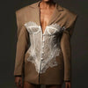 White Lace Patchwork Blazer Women's Notched Collar Slim Fit Long Sleeves Single Breasted Suit Jacket Tide