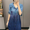 Pleated Faux Denim Dress Women's Chic Single Breasted Lapel Half Sleeve Mid-Length Dresses Loose Casual 2DB4371