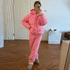Winter Leopard Print Thicken Coat Pants Women Set Long Sleeve Zippers Hooded Jacket Wide Leg Trousers Lady Outfit