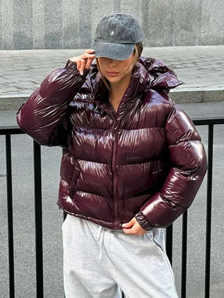 Women Solid Hooded Glossy Padded Jacket Long Sleeve Stand Zipper Fluffy Warm Coat Autumn Winter Chic Casual Street Jackets