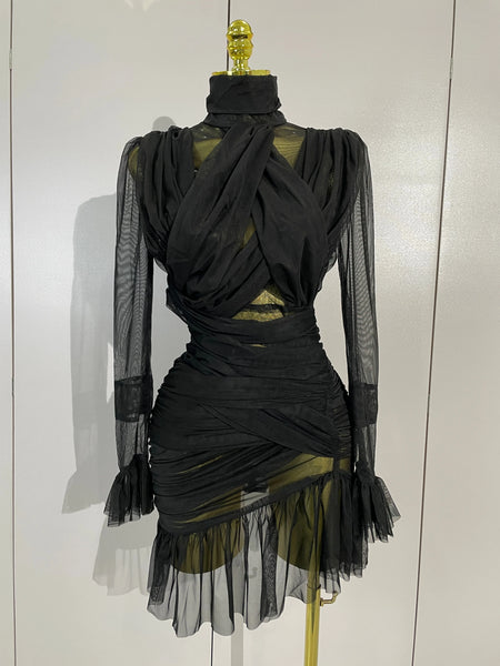 Sexy Black High Collar Long Sleeve Solid Mesh Sexy See Through Ruffle Mini Dress Women Elegant Evening Club Party Birthday Dress