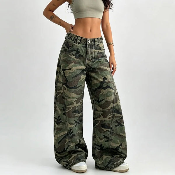 Women Army Green Camouflage Wide Leg Cargo Pants Loose Baggy Casual Streetwear Long Trousers For Ladies Daily Outfit