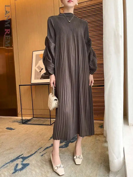 Puff Sleeve Pleated Dress Solid Color Long Length Women Loose Causal Elegant Dresses Designer Clothes Autumn 2DA1731