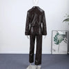 Leather Women's Pants Sets Chic Laple Single Breasted Long Sleeve Jackets Elastic Waist Straight Pants Suit Lady Outfits