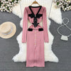 Women Elegant Butterfly Long Sleeve Bodycon V Neck Split Dress Vintage French Slim Knit Tight Vestido Autumn Winter Sweater Robe