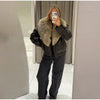 Elegant PU Fur Patchwork Jacket Women Loose Detachable Collar Lapel Double Breasted Jackets Female Winter Warm Outwear