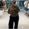 Women's Cropped Bomber Jacket Stand Collar Zipper Patch Pocket Rib Trim Long Sleeve Short Coat Vintage Autumn Casual Outfit