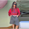 Color Block Cropped Anorak Jacket Women Stand Collar Half Zip Kangaroo Pocket Long Sleeve Jackets Autumn Casual Chic Coat
