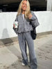 Women's Fall 2-Piece Retro Solid Color Zip Bomber Jacket Sweatshirt+High Waist Lace Up Women's Wide Leg Pants Street Wear