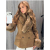 Women Suede Faux Fur Trim Jacket Fur Lapel Collar Cuffs Double Breasted Fitted Waist Long Sleeve Coats Vintage Warm Winter Coat