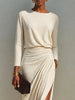 Women Elegant Solid Maxi Dress Long Sleeve O Neck Ruched Waist High Side Slit Slim Dress Casual Party Evening Long Dresses