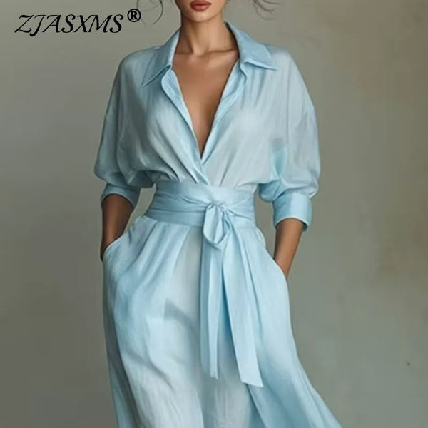 Bohemian Elegant Lace-up High Waist Long Dress Woman Turn-down Collar Hollow Party Dress Spring 3/4 Sleeve Pocket Maxi Dress