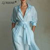 Bohemian Elegant Lace-up High Waist Long Dress Woman Turn-down Collar Hollow Party Dress Spring 3/4 Sleeve Pocket Maxi Dress