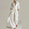 Vintage Solid High Waist Belted 2 Piece Sets Long Sleeve Button Lapel Shirt And Wide Leg Pants Woman Outfit Spring Vacation Suit