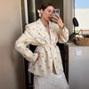 Elegant Flower Printed Loose Suit Collar Coat Belted Waist Shoulder Pad Long Sleeve One Button Blazers Lady Street Chic Top